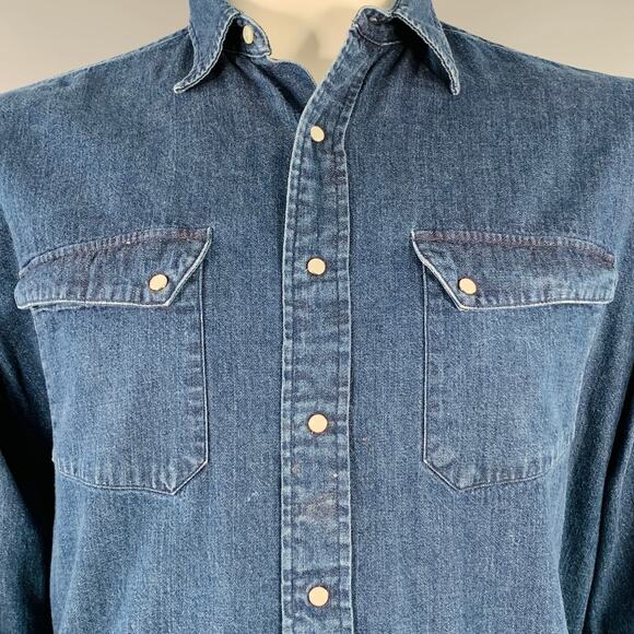 L Indigo Wash Selvedge Cotton Snaps Two Pockets Western Long Sleeve Shirt - Picture 2 of 8